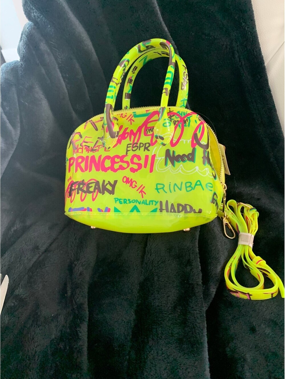 Neon Yellow Graffiti Print Mini Handbag with Detachable Long